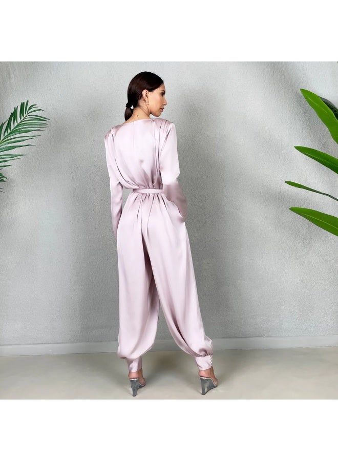 QABEELA RAM22 LILAC MATT SATIN HAREM PANTS JUMPSUIT - Image 1